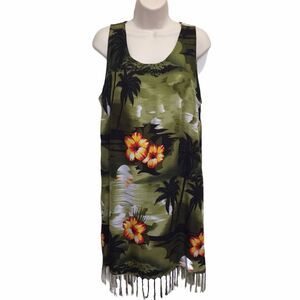 Vintage Fringed Tropical Dark Floral Hawaiian Shift Dress Aloha Sz M
